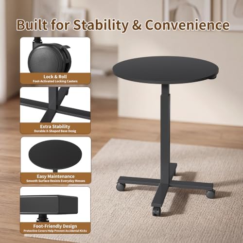 Adjustable Bar Table, 23.6" Round with Gas Spring Height Adjustment (28.3"-42.5"), Rolling Cocktail Table with Lockable Casters, Modern Bistro Table for Kitchen, Home Bar & Small Spaces