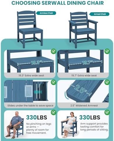 SERWALL Armless Outdoor Dining Set, Patio Dining Set for 6, Blue