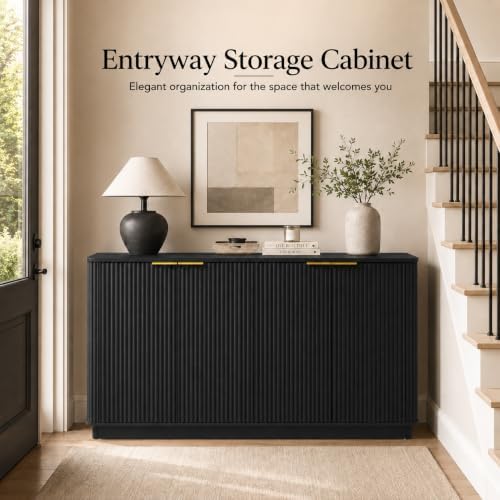 USHOWER 63" Fluted Buffet Cabinet with Storage, Wooden Sideboard, Black