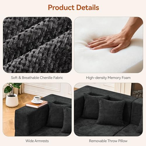 MONVANE 103'' Modular Sectional Sofa, Comfy Chenille Cloud Couch with Ottoman, Modern Convertible L Shaped Couch with Deep Seat, Sectional Couches for Living Room, Bedroom and Apartment, Black