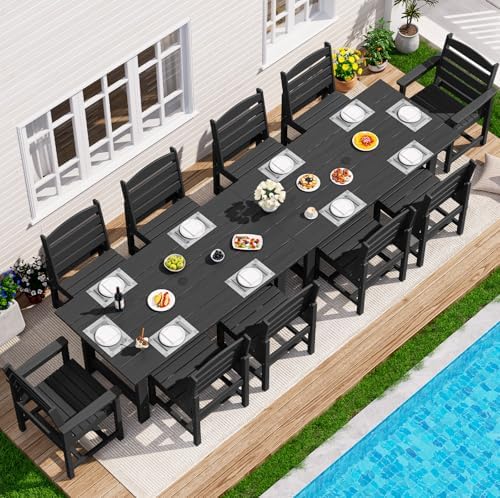 SERWALL HDPE Outdoor Dining Furniture, Outdoor Dining Set for 10, Black