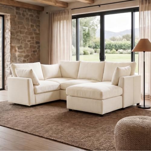 Iroomy Modular Sectional Loveseat Couch for Living Room, Modern Chenille Sofa with Ottoman, 5 Seat, Beige
