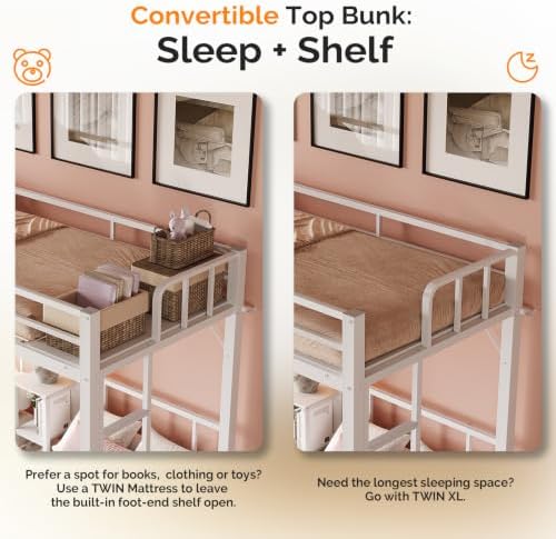 Bonnlo Metal Triple Bunk Bed Twin Over Twin Over Twin,3 Bunk Beds with Shelves for Kids,Teens and Adults, Detachable 3 Person Bed, No Box Spring Needed,White