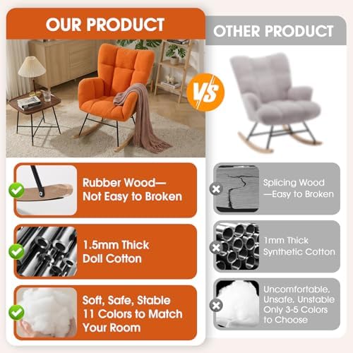 Nursery Rocking Chair, Teddy Upholstered Glider Chair with Thick Cushion, Tufted Gliding Rocker Chair with Wood Leg, Cozy Rocking Armchair, Accent Rocking Chair for Living Room (Orange)