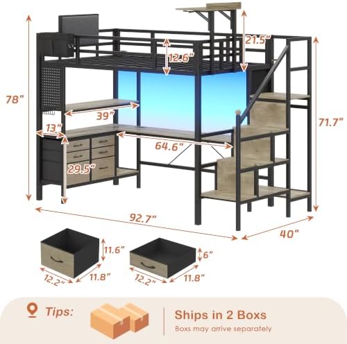 Dnxao Twin Loft Bed with L-Shaped Desk and 6 Storage Drawers, Oak Gray