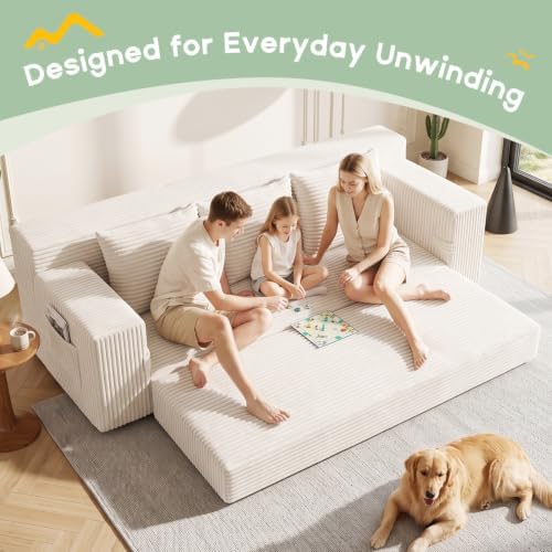 Boneless Couch for Living Room, 3 Seater Convertible Sofa Bed in Box, Beige