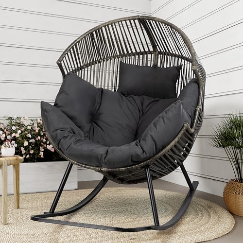 Shintenchi Wicker Egg Chair,Oversized Outdoor Indoor Rocking Chair, Large PE Rattan Rocking Chair with Cushion for Patio, Balcony, Backyard, Garden, Deep Grey