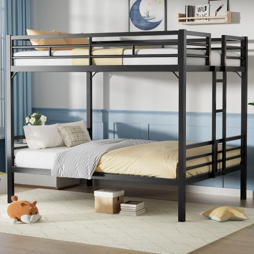 PVWIIK Queen Over Queen Bunk Bed with Guardrails,Black