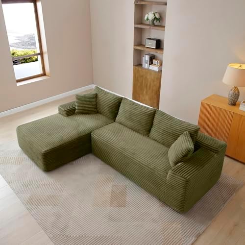 105-Inch L-Shaped Left Facing Corner Compressed Sofa Modular Sectional Boneless Cloud Sofa Floor Foam Couch with Chaise Lounge, Corduroy Corner Boneless Cloud Couch