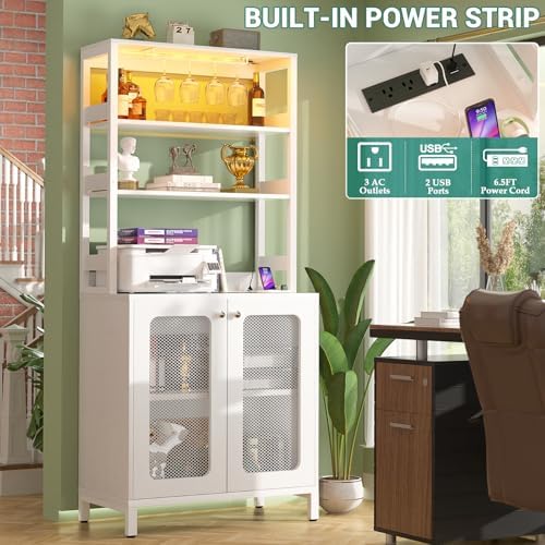 Aheaplus Bar Cabinet with Power Outlets, 67" Tall Wine Bar Cabinet, White