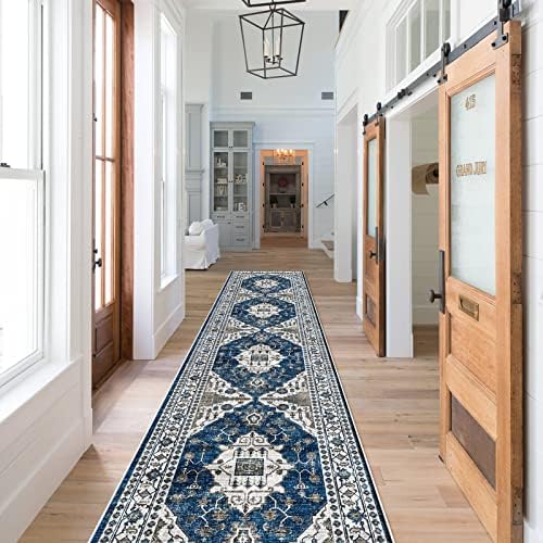 Hallway Washable Runner Rug - 2x10 Kitchen Rugs Entryway Rug Runner Vintage Soft Floor Mat Non Slip Indoor Farmhouse Carpet for Bathroom Living Room Bedroom (2 X 10, Blue)