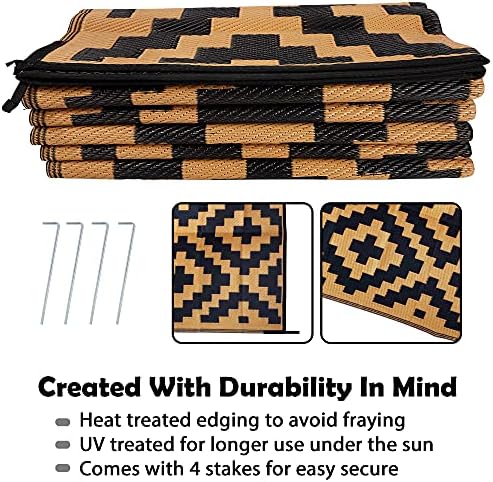 SAND MINE Reversible Mats, Plastic Straw Rug, Modern Area Rug, Large Floor Mat and Rug for Outdoors, RV, Patio, Backyard, Deck, Picnic, Beach, Trailer, Camping, Black & Brown, 9' x 12'
