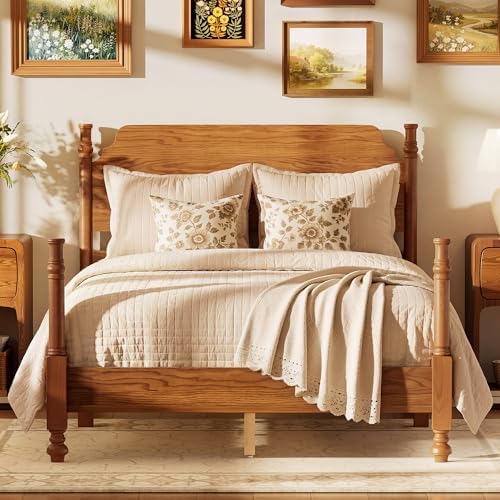Vintage Wood Full Bed Frame, Traditional Spindle Platform Bed with Tall Headboard, Light Walnut Antique Style 4-Poster Design, Under Bed Storage, No Box Spring Needed