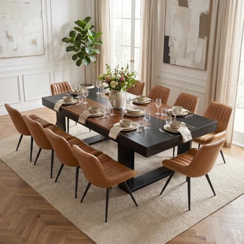 Miereirl 9-Piece Modern Farmhouse Dining Table Set, 86.6" x 47.2" Sturdy Stable Dining Table with 8 Chairs, Rectangular Kitchen Table Set for 8,(Black & Walnut Table+8 Brown Chairs)