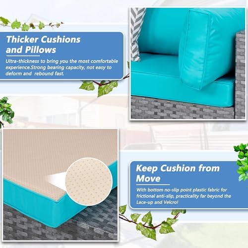 Shintenchi 7 Piece Outdoor Patio Furniture Set with Silver Rattan, Blue