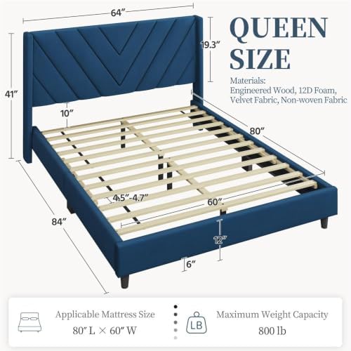 Yaheetech Queen Bed Frame with Chevron Channel-Tufted Headboard, Blue