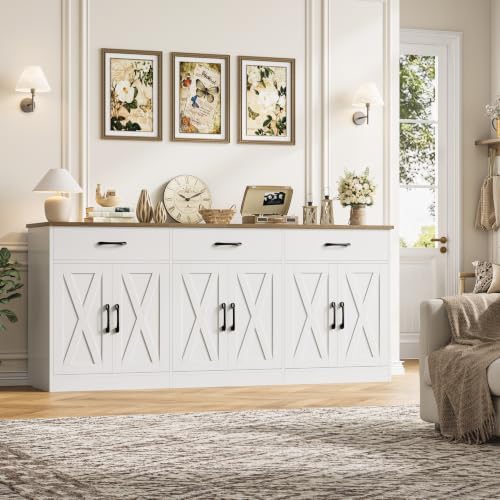 HOSTACK 71"W Farmhouse Kitchen Sideboard Buffet Cabinet with Storage, White