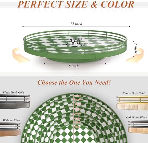 AMH 12-Inch Green and White Checkerboard Lazy Susan with Rubberwood Base