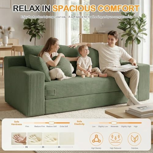 Oversize Loveseat Boneless Convertible Sofa Bed, Folding Floor Futon Sleeper Sofa Queen Size Couch Bed- Boneless Foldable Couch, Corduroy Pull Out Sofa Bed with 5 Pillows for Living Room & Bedroom