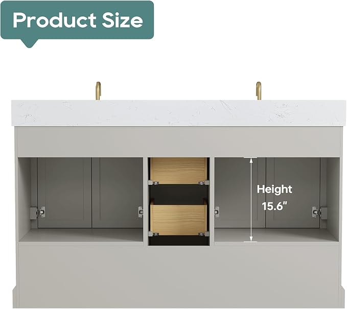 60 Inch Bathroom Vanity with Double Sink Combo, Greige | Solid Wood Frame with Marble Top & Backsplash, Fully-Assembled with 4 Soft-Closing Doors & 5 Dovetail Drawers