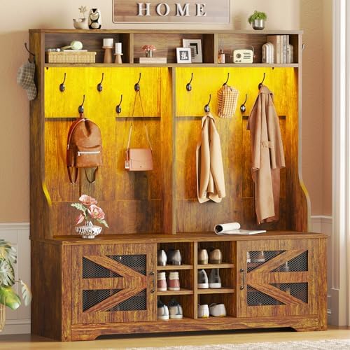 Itaar Hall Tree with Bench and Shoe Storage, 5-in-1 Entryway Bench with Coat Rack, 16 Shoe Cubbies & 12 Coat Hooks, Barn Door & Adjustable Shelf (Rustic Brown)