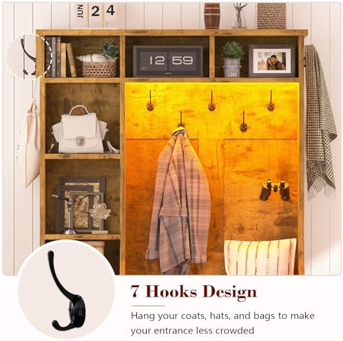 CSZZD Hall Tree with Bench and Shoe Storage, Farmhouse Entryway Bench with Coat Racks and Led Lights, Tall Hall Tree with 7 Coat Hooks, 6 Storage Cubbies, Adjustable Shelf, Rustic