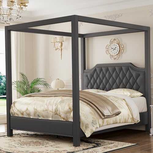 IDEALHOUSE Full Size Canopy Bed Frame with Nailhead Decoration Headboard