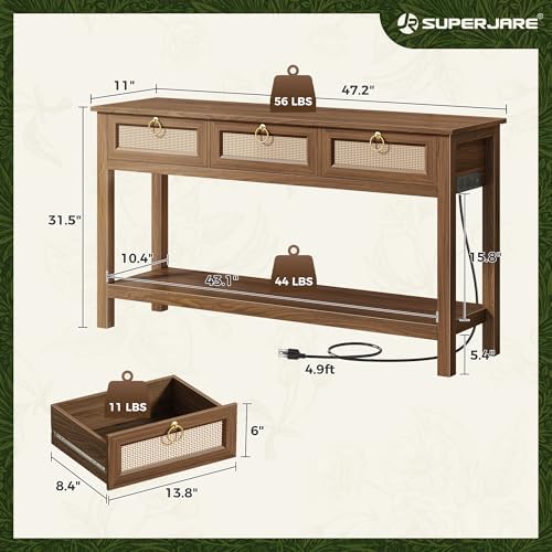 SUPERJARE Rattan Console Sofa Table with Outlets, USB-C Port and 3 Drawers