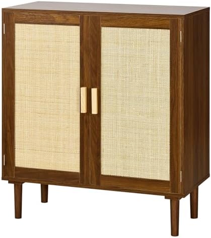 VEVOR Rattan Cabinet, Rattan Storage Cabinet with 2 Magnetic Doors and Adjustable Shelves, Accent Sideboard Buffet with Wooden Legs & Power Cord Hole for Hallway, Entryway, Living Room, Kitchen, Brown