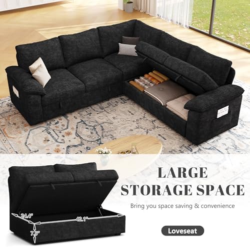 85'' Modular Sectional Sofa with Pull Out Bed, Sleeper Sofa, Black