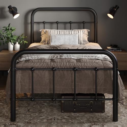 Allewie Twin Metal Bed Frame with Victorian Iron-Art Headboard, Black