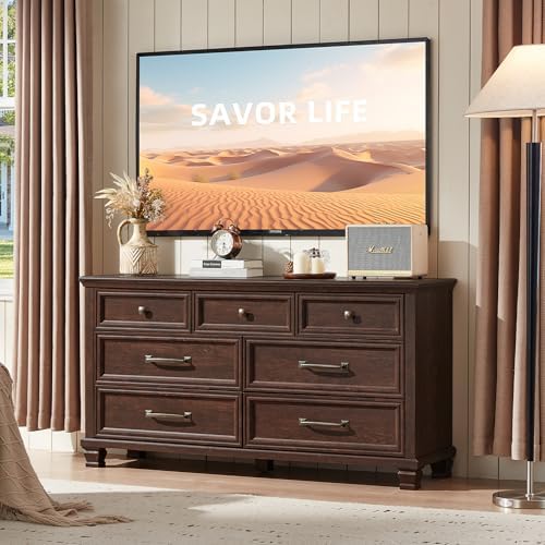 SAVOR LIFE Farmhouse 7 Drawer Dresser for Bedroom, Walnut