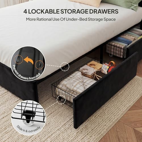 Welzona Full Size Upholstered Bed Frame with Headboard & 4 Drawers, Black
