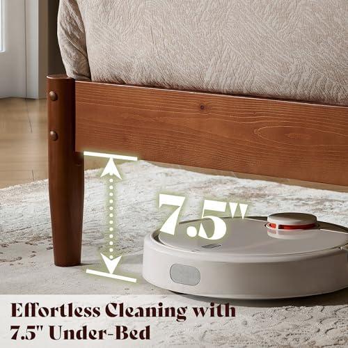 AMERLIFE Solid Wood Twin Bed Frame, Mid Century Bed with Headboard, Brown
