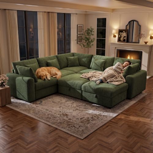 Ihanherry Oversized Cloud Sectional Couches for Living Room, Modular Sectional Sofa with Wide Deep Seat, Coner Couch with Throw Pillow and Storage Ottoman, Green
