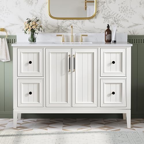 48 Inch Bathroom Vanity with Sink, Fully Assembled, White | Solid wood frame with Quartz Top and Backsplash, ceramic sink, spacious storage, adjustable feet and fully assembled design