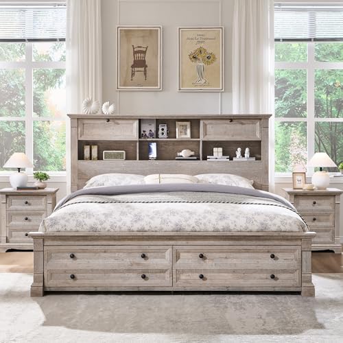 Queen Size Bed Frame 2 Drawer & 4 Storage Rack Headboard Charging Station