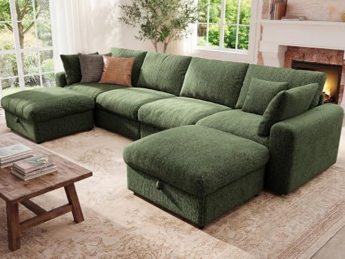 Ihanherry 141" Oversized Cloud Sectional Couches for Living Room, Modular Sectional Sofa with Wide Deep Seat, U Shaped Couch with Throw Pillow and Storage Ottoman, Green