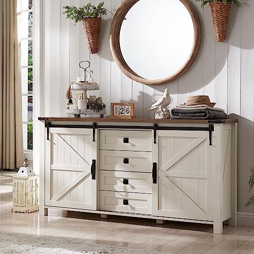T4TREAM 60" Wide Farmhouse Sideboard Buffet Cabinet, Antique White