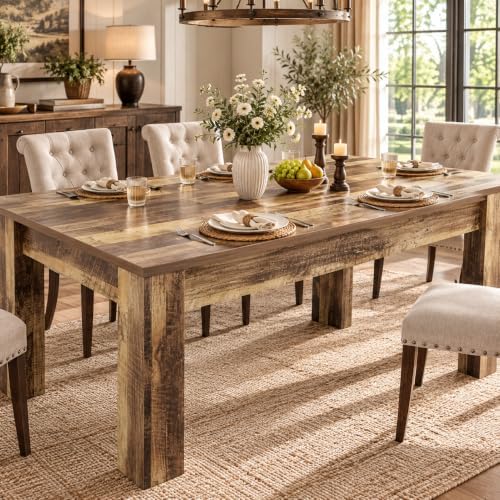 63" Farmhouse Dining Table for 4-6 People, Rectangular Kitchen Table, Rustic Wood Dinner Table for Dining Room & Living Room, Sturdy Country Table for 4 to 6, 300 lbs Capacity, Retro Brown