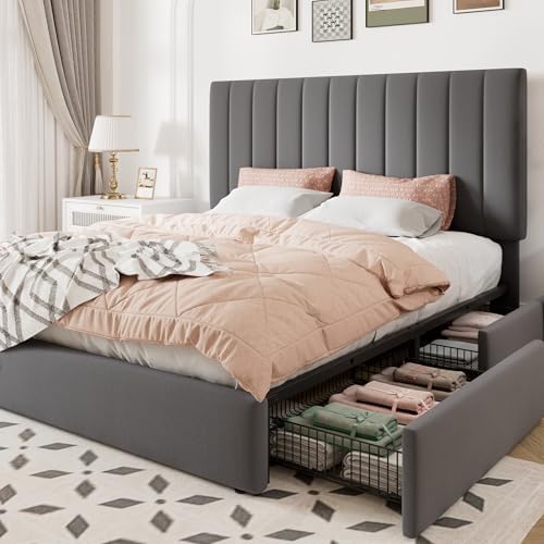 Allewie Queen Size Storage Bed Frame, Vertical Channel Tufted Adjustable Headboard, Velvet Upholstered Platform Bed with 4 Oversized Underbed Drawers, Wooden Slats Support, No Box Spring Needed, Grey