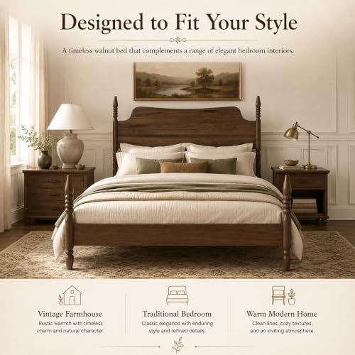 Queen Farmhouse Wood Platform Bed Frame with Headboard, Walnut Poster Bed