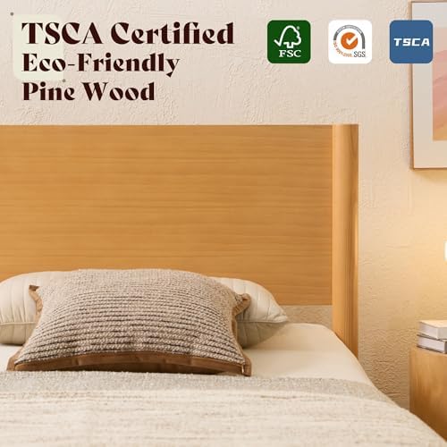 AMERLIFE Solid Wood King Bed Frame, Mid Century Bed with Headboard, Natural
