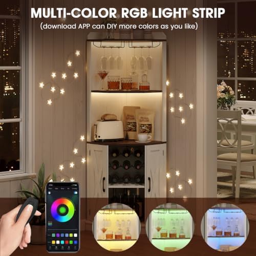 Vabches Farmhouse Corner Bar Cabinet with LED Lights Wine Bar Cabinet White