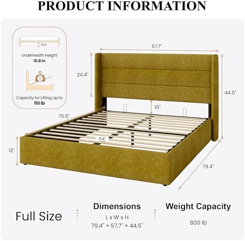 SHA CERLIN Full Size Lift Up Hydraulic Storage Bed Frame Olive Yellow