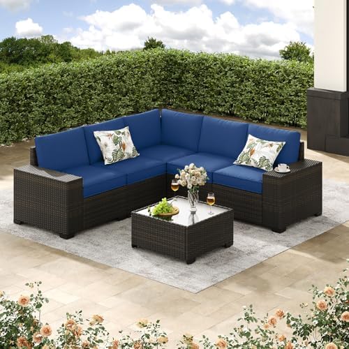 Jing's Villa 6-Piece Patio Furniture Set, All-Weather Outdoor Wicker Sectional Sofa with Cushions, Glass Table & Left and Right Armrest, Rattan Conversation Seating for Porch, Garden, Backyard,Navy