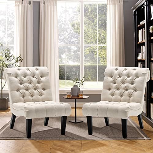 Armless Modern Accent Chair Set of 2 for Bedroom, Cream Fabric
