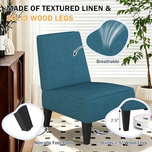 Armless Accent Chairs Set of 2, Blue Upholstered Linen Slipper Chair with Solid Wood Legs, Mid Century Modern Side Chairs for Small Living Room Bedroom Apartment Reading Nook