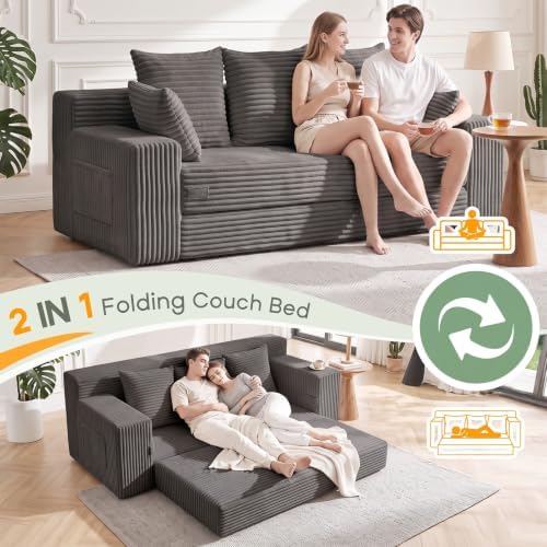 Boneless Couch for Living Room, 3 Seater Convertible Sofa Bed in Box, Grey