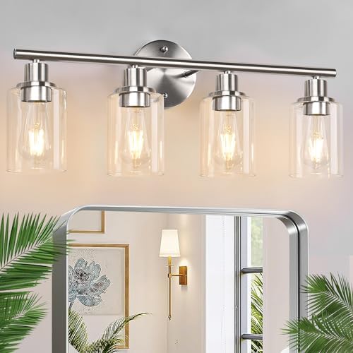 4-Light Bathroom Light Fixtures, Brushed Nickel Modern Vanity Lights Over Mirror with Clear Glass Shade, Bathroom Wall Lamp for Mirror Kitchen Living Room Hallway Cabinet Porch Bedroom Reading room